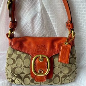 EUC Coach SOHO #11441 Khaki/Brown Canvas/ Burnt Orange Leather Shoulder Bag